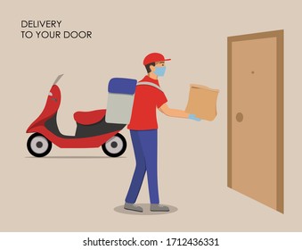 Delivery guy wearing a mask and gloves, handing food package Full length man with motorbike on background.Order online via tablet, smartphone.Outside the house.Stock vector illustration