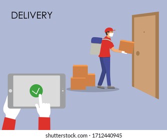 Delivery guy wearing a mask and gloves, handing box. Full length man outdoor.Order online via tablet, smartphone.Outside the house.Stock vector illustration