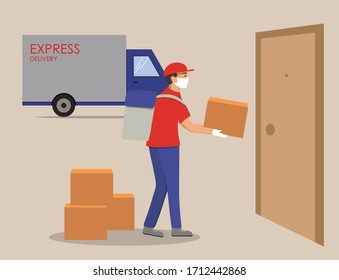 Un tipo de parto con una máscara y guantes, entregando una caja. Hombre de longitud completa con carga en segundo plano.Solicite en línea mediante tablet, smartphone.Fuera de la casa.Ilustración vectorial de stock