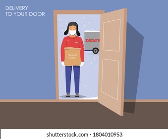 Delivery guy wearing a mask and gloves, handing food package on doorway. Delivery order during quarantine to you door. Open door. Winter vector illustration