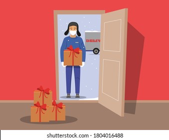 Delivery guy wearing a mask and gloves, handing gift box on doorway. Delivery order during quarantine to you door. Open door. Winter vector illustration