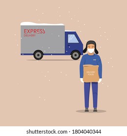 Delivery guy wearing a mask and gloves, handing food package on doorway. Full length man with delivery machine in the background. Winter vector illustration. 