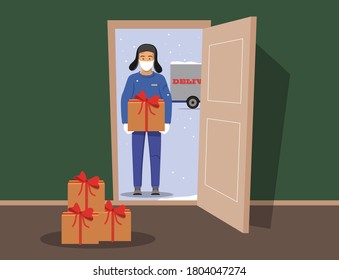 Delivery guy wearing a mask and gloves, placing gift boxes in doorway. Delivery order during quarantine to you door. Open door. Winter vector illustration