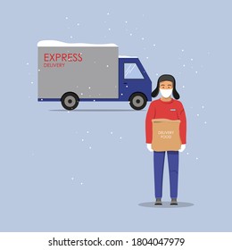 Un tipo de parto con una máscara y guantes, entregando un paquete de comida a la puerta. Hombre de longitud completa con máquina de entrega en el fondo. Ilustración vectorial de invierno. 