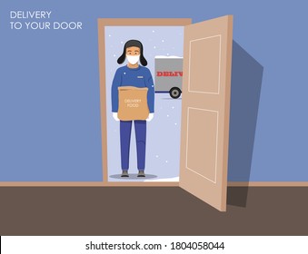 Delivery guy wearing a mask and gloves, handing food package at doorway. Delivery order during quarantine to you door. Open door. Winter vector illustration