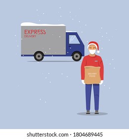 Delivery guy wearing a mask and gloves, handing food package on doorway. Full length man with delivery machine in the background. Winter vector illustration. 