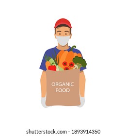Delivery guy wearing a mask and gloves, handing food package. Grocery express delivery . Young man in a blue T-shirt and uniform cap. Online delivery Concept .Stock vector illustration