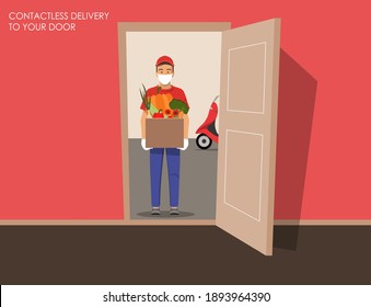 Delivery guy wearing a mask and gloves, handing food box on doorway. Full length man with delivery motorbike in the background.
Open doors. Outside the house. Stock vector illustration.