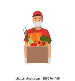 Delivery guy wearing a mask and gloves, handing food box. Grocery express delivery . Young man in a red T-shirt and uniform cap. Online delivery Concept .Stock vector illustration