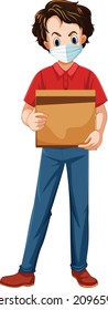 Un tipo de parto con una máscara y guantes, entregando una caja en la puerta con una motocicleta en el fondo. Ilustración vectorial. Abran las puertas. Fuera de la casa. Orden de entrega durante la cuarentena.
