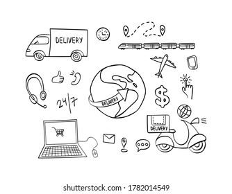 Delivery hand drawn icons set. Doodle shipping elements isolated on white background. Vector illustration.