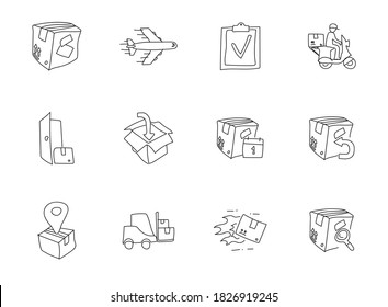 delivery hand drawn linear vector icons isolated on white background. delivery doodle icon set for web and ui design, mobile apps and print products