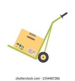 Delivery hand loading trolley with box vector flat illustration isolated on white background.