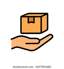 Delivery Hand offering packaged cube. Icon symbol illustration