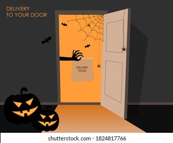 Delivery for Happy Halloween. Scary hand holding a package.Open doors. Outside the house. Stock vector illustration.