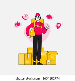 Delivery, happy delivery man or guy standing in front of boxes or packages, carrying box in other hand, delivery service icons around his head vector illustration
