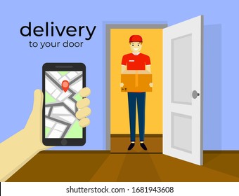 Delivery to home courier with boxes. Express delivery of packages, goods to the home. Cartoon vector illustration. Delivery order. Open door. Inside of home. Tracking and the internet.