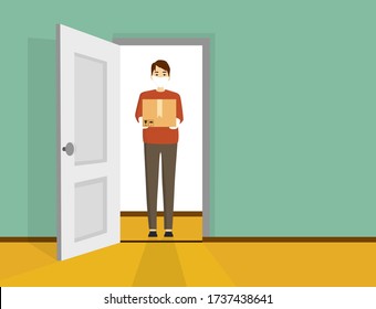 Delivery to home courier with boxes. Express delivery of packages, goods to the home. Cartoon vector illustration. Delivery order. Open door. Inside of home.