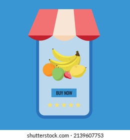 Delivery at home and smartphone app full shopping basket with fresh vegetables, food and beverage on a mobile phone display