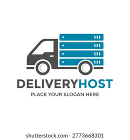 Delivery host logo design. Cargo truck carrying computer server rack logotype vector illustration.