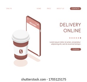 Delivery of hot coffee in a disposable cardboard cup through the application on a smartphone. Vector illustration of online food delivery on a white background. Illustration for culinary theme.