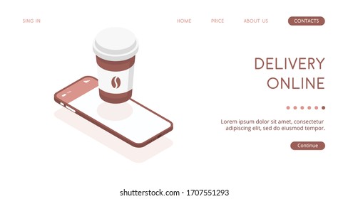 Delivery of hot coffee in a disposable cardboard cup through the application on a smartphone. Vector illustration of online food delivery on a white background. Illustration for culinary theme.