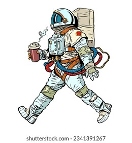 Delivery of a hot drink to any place. Love for coffee all over the world. Astronaut with a cup of coffee. Pop Art Retro Vector Illustration Kitsch Vintage 50s 60s Style. On a white background