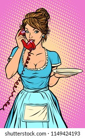 Delivery. Hotel service. Waitress. empty plate. Comic cartoon pop art retro vector drawing