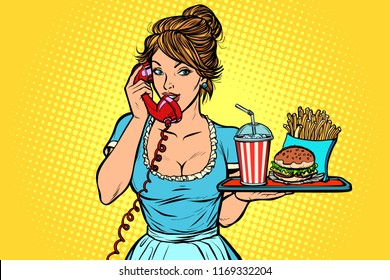 Delivery. Hotel service. Waitress. fast food on a tray. Comic cartoon pop art retro vector drawing