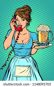 Delivery. Hotel service. Waitress. mug of beer. Comic cartoon pop art retro vector drawing