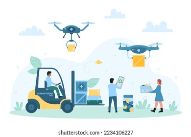 Delivery of humanitarian aid by drones, aerial automated shipping of charity boxes vector illustration. Cartoon fast unmanned helicopter fly with packages, tiny people deliver medicines and food
