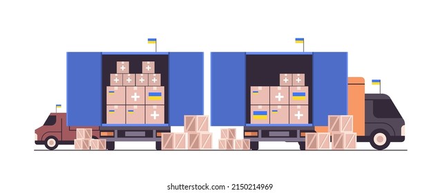 Delivery Of Humanitarian Aid In Ukraine By Trucks Save Ukraine From Russia Stop War Medical Supplies Food Clothing Donation