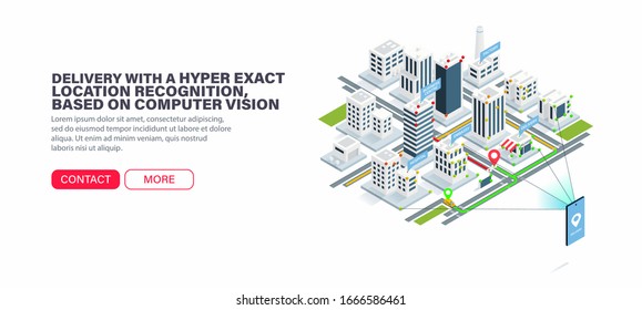 Delivery with a hyper exact location recognition, based on computer vision. Accurate orientation in the city. Error-free city navigation. Isometric vector illustration