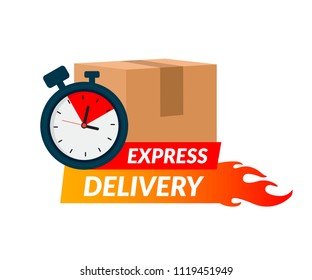 Delivery icon for apps and website. Express delivery concept. Stopwatch in cardboard box. Vector illustration isolated on white background. Flat design. Eps10.