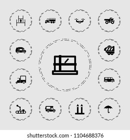 Delivery icon. collection of 13 delivery filled icons such as parcel, keep dry cargo, cargo trailer, conveyor and robot arm, van. editable delivery icons for web and mobile.