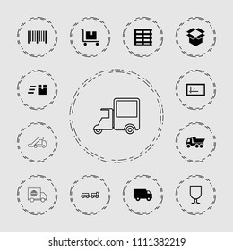 Delivery icon. collection of 13 delivery filled and outline icons such as truck, cargo box, box, bar code, truck with luggage. editable delivery icons for web and mobile.