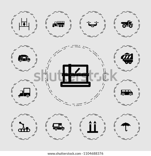 Delivery icon.\
collection of 13 delivery filled icons such as parcel, keep dry\
cargo, cargo trailer, conveyor and robot arm, van. editable\
delivery icons for web and\
mobile.