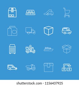 Delivery icon. collection of 16 delivery outline icons such as taxi, box, van, cargo container, object move, truck crane, truck. editable delivery icons for web and mobile.