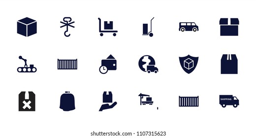 Delivery icon. collection of 18 delivery filled icons such as cart cargo, parcel, box, cargo box, wallet, conveyor and robot arm. editable delivery icons for web and mobile.