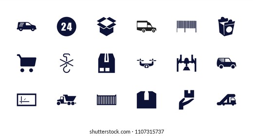 Delivery icon. collection of 18 delivery filled icons such as truck crane, take away food, box, cargo container, 24 hours. editable delivery icons for web and mobile.