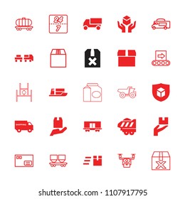 Delivery icon. collection of 25 delivery filled and outline icons such as truck, parcel, cargo wagon, cargo trailer. editable delivery icons for web and mobile.