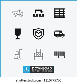 Delivery icon. collection of 9 delivery filled and outline icons such as van, cargo box, object move, fragile cargo, bar code. editable delivery icons for web and mobile.