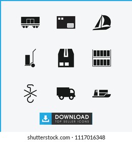 Delivery icon. collection of 9 delivery filled icons such as cart cargo, truck, sailboat, cargo container, ship, parcel. editable delivery icons for web and mobile.