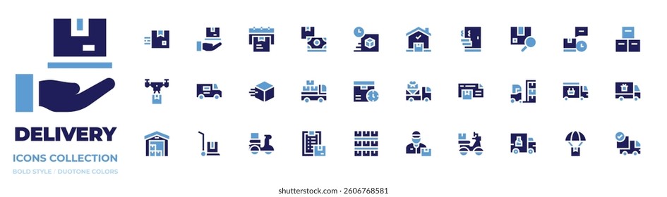 Delivery icon collection. Bold style. Duotone colors. delivery, fooddelivery, fastdelivery, cashondelivery, homedelivery, stock, dronedelivery, van.