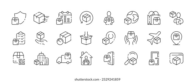 Colección de icono de entrega. Diseño de entrega. Entrega coche y caja. Estilo lineal. Iconos del vector