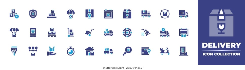Delivery icon collection. Duotone color. Vector illustration. Containing package, truck, delivery, box, handle with care, motorbike, trolley, shipment, delivery man, bike, delivery.