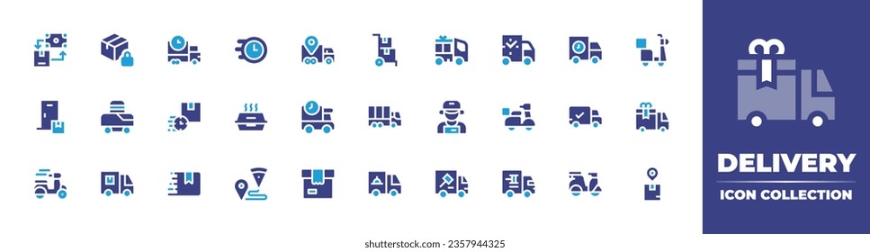 Delivery icon collection. Duotone color. Vector illustration. Containing box, cash on delivery, pizza, truck, van, food delivery, delivery, drone.