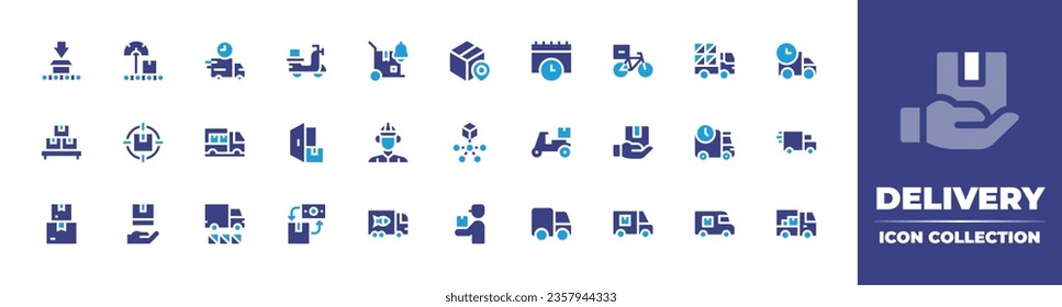 Delivery icon collection. Duotone color. Vector illustration. Containing van, delivery boy, supply chain, shipping, service, satisfaction, truck, truck, launch, box, delivery box.