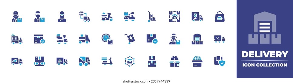 Delivery icon collection. Duotone color. Vector illustration. Containing box, cardboard, fulfillment, delivery boy, gift, return, cash on delivery, package, product development, tracking, shipping.