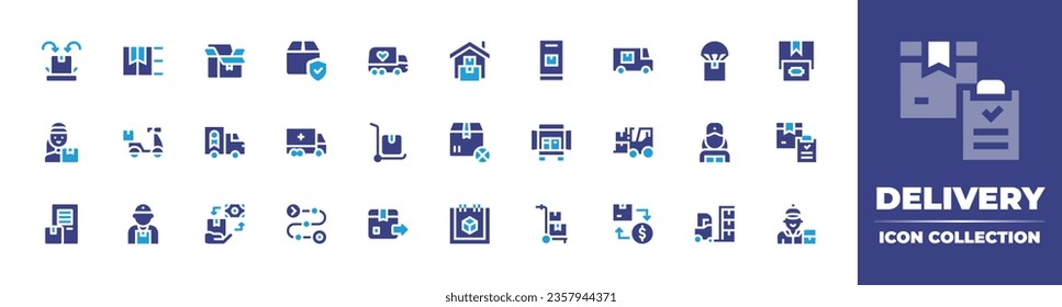 Delivery icon collection. Duotone color. Vector illustration. Containing delivery, shopping bag, distribution center, free delivery, package, box, van, delivery bike.